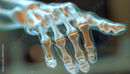 Closeup 3D visualization of a human hand displaying carpal bones, Xray style, hand anatomy , FUTURICTIC photo