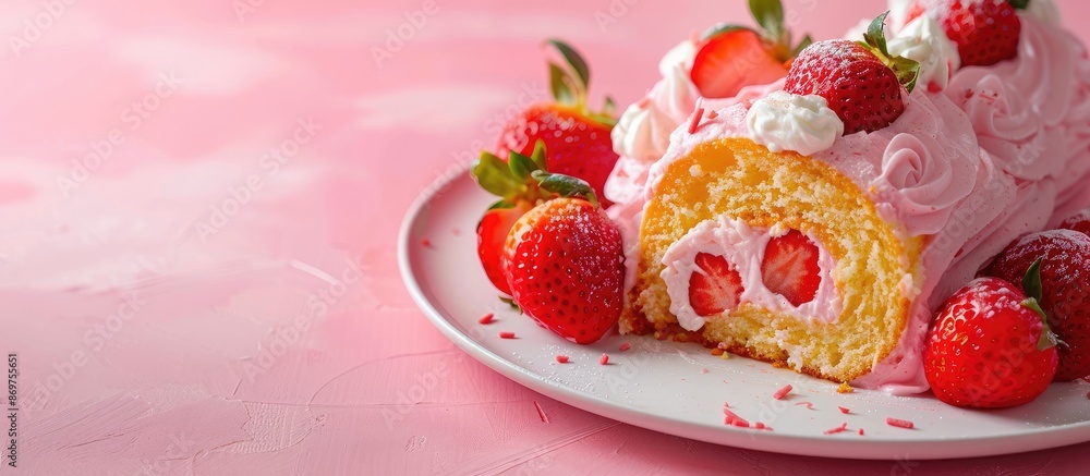 Strawberry Swiss roll cake displayed on a white plate with a pink hue, against a background suitable for adding text or other elements, with copy space image. Strawberry Swiss roll cake displayed on a white plate with a pink hue, against a background suitable for adding text or other elements, with copy space image.