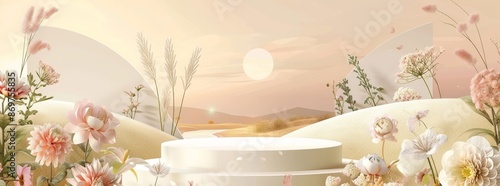 An elegant floralinspired podium backdrop showcased amidst a tranquil landscape with sunset hues. Ideal for presenting beauty products or creating a serene presentation environment photo