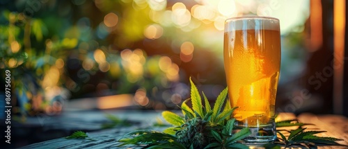 A Glass of Beer With Cannabis Leaves in a Sunlit Bar Setting