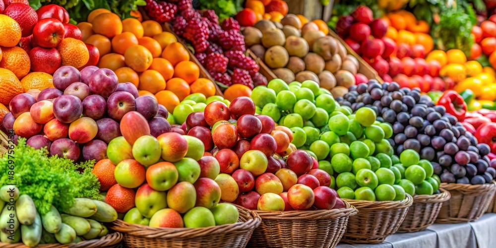 Fresh fruits and vegetables at market stall including oranges, grapes, and copy space Fresh fruits and vegetables at market stall including oranges, grapes, and copy space