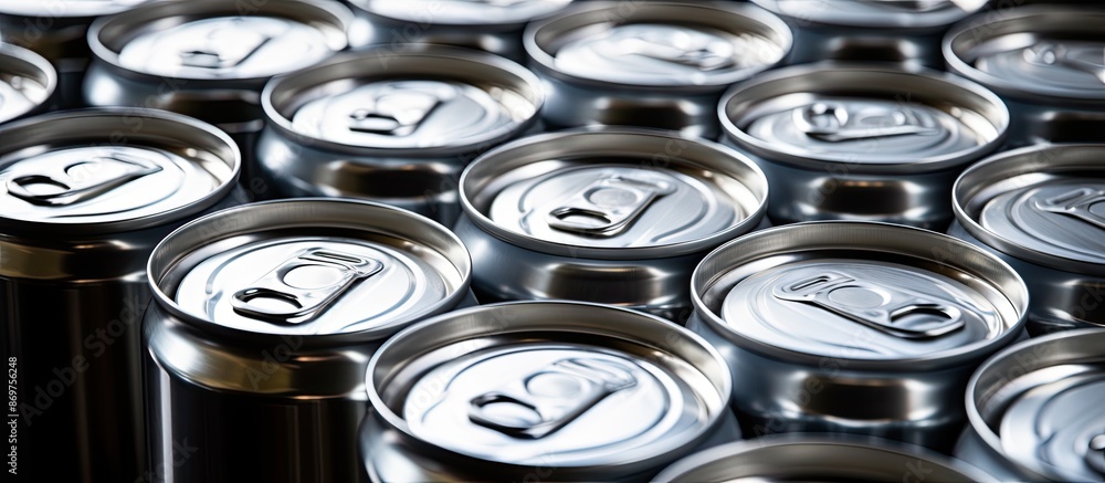 Freshly made gleaming aluminum cans for production and storage in a warehouse with copy space image. Freshly made gleaming aluminum cans for production and storage in a warehouse with copy space image.