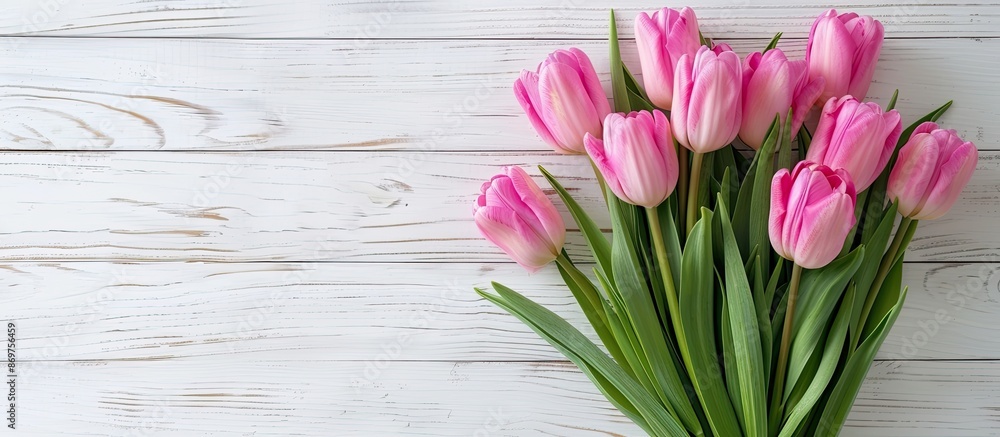 Pink tulips bouquet on white wooden surface seen from above with space for text or image. Perfect for Mother's Day greetings. Pink tulips bouquet on white wooden surface seen from above with space for text or image. Perfect for Mother's Day greetings.