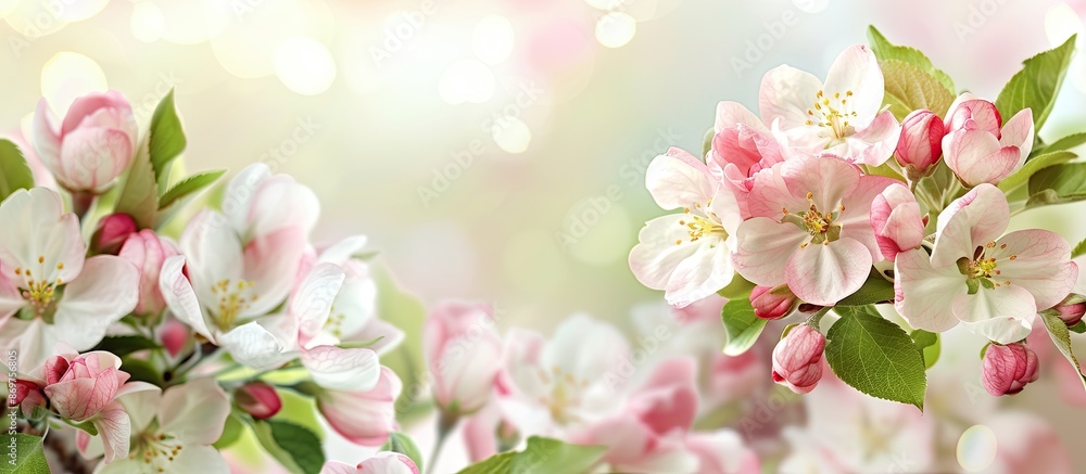 Obraz premium Blooming pink and white apple blossoms and buds with a beautiful scenery providing a copy space image.