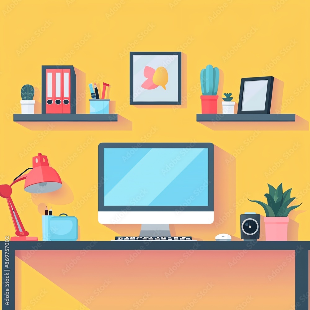 Modern workspace setup with computer, lamp, plants, and office supplies on a desk against a yellow wall with shelves. Modern workspace setup with computer, lamp, plants, and office supplies on a desk against a yellow wall with shelves.
