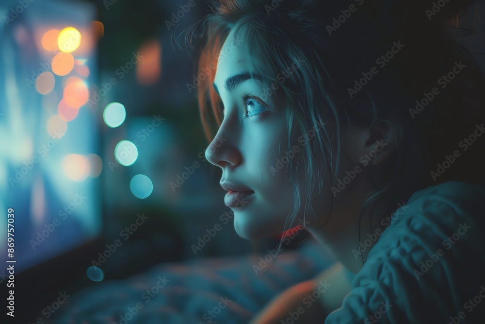 Young woman watching TV in a dark room, captivated by screen light. Cozy atmosphere with bokeh lights in the background. Young woman watching TV in a dark room, captivated by screen light. Cozy atmosphere with bokeh lights in the background.