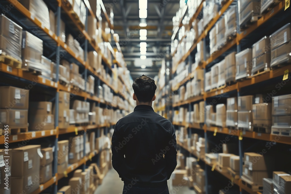 Man standing in a warehouse aisle, surrounded by shelves of boxes, representing logistics, storage, and inventory management. Man standing in a warehouse aisle, surrounded by shelves of boxes, representing logistics, storage, and inventory management.