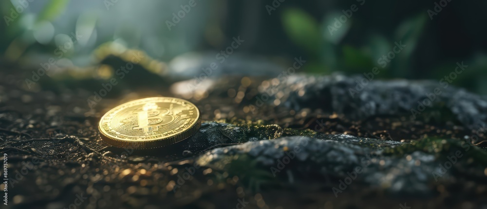 Hightech gold coins embedded with tracking chips guide explorers through a zombieinfested forest, combining treasure hunting with digital navigation, with copy space Hightech gold coins embedded with tracking chips guide explorers through a zombieinfested forest, combining treasure hunting with digital navigation, with copy space
