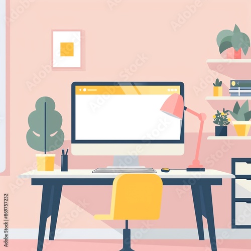 Wallpaper Mural Modern home office with a computer, desk, chair, and stylish decor including plants and a pink lamp in a bright and airy room. Torontodigital.ca