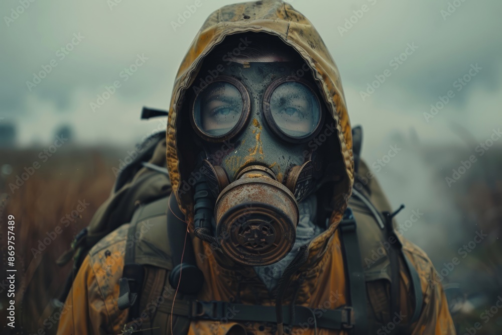 Human survivor in a gas mask, environmental ecology problem Human survivor in a gas mask, environmental ecology problem