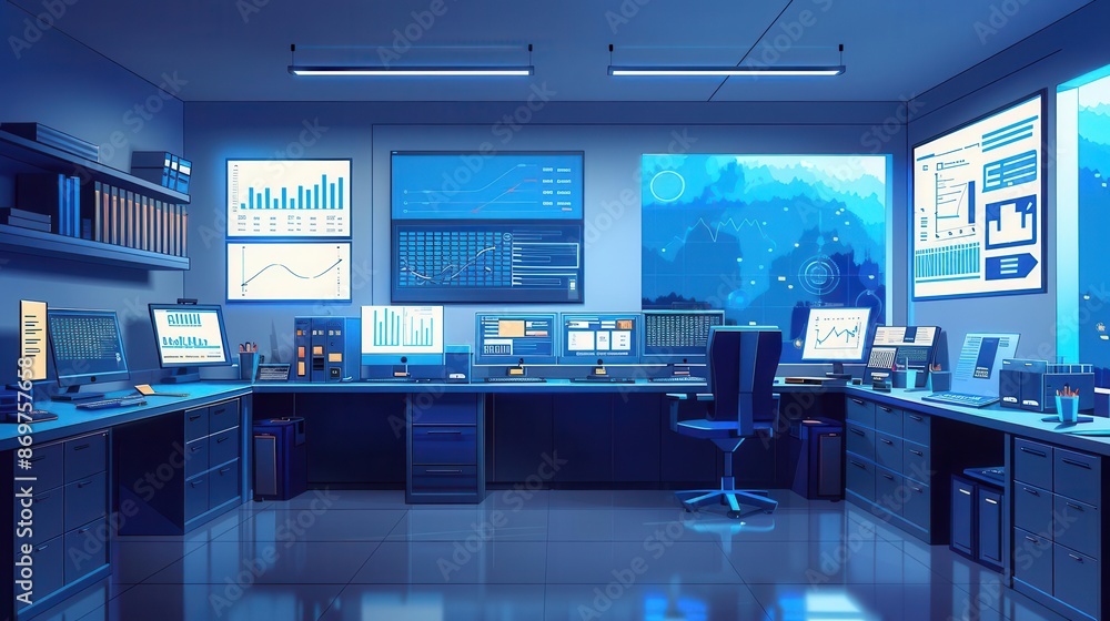 A high-tech office equipped with multiple monitors displaying data analytics and charts, ideal for data-driven decision-making and research A high-tech office equipped with multiple monitors displaying data analytics and charts, ideal for data-driven decision-making and research