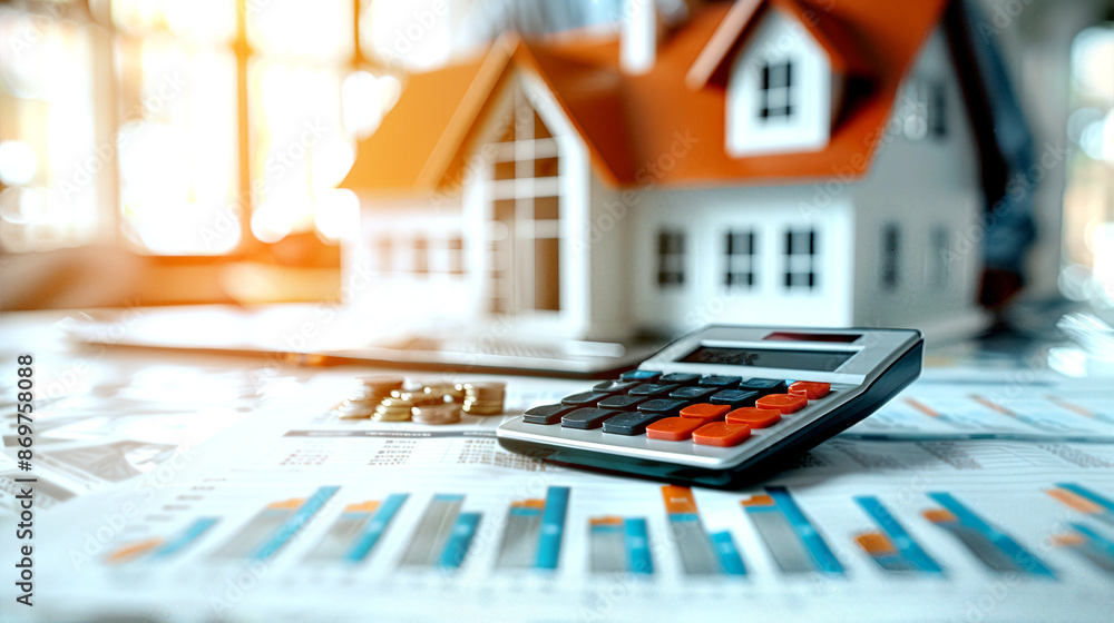 Close-up of a calculator and financial charts with a model house, representing real estate investment analysis and business finance management. Close-up of a calculator and financial charts with a model house, representing real estate investment analysis and business finance management.