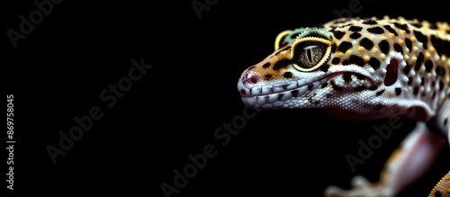 A leopard gecko resting against a black backdrop with copy space image.