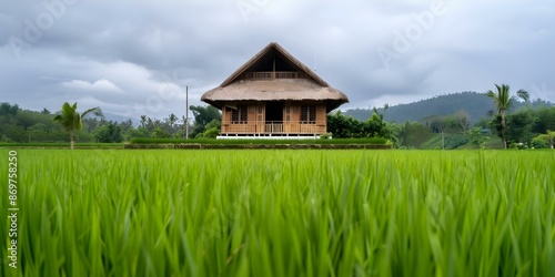 Traditional Living in Bali Explore an Eco-Friendly Bamboo House Surrounded by Rice Paddies. Concept Eco-Friendly Bamboo House, Traditional Living, Bali Lifestyle, Rice Paddies, Cultural Experience