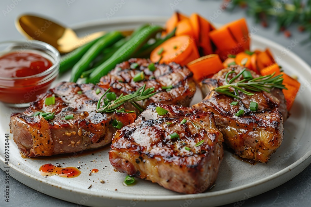Savory grilled lamb Chops with vegetables on white plate, top view. High angle shot of fried meat with carrots and green beans Savory grilled lamb Chops with vegetables on white plate, top view. High angle shot of fried meat with carrots and green beans