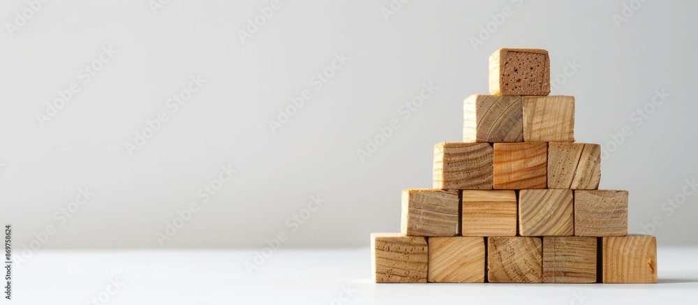Wooden cubes arranged in a pyramid shape for symbol creation, business growth, and management concept on a white background with copy space image. Wooden cubes arranged in a pyramid shape for symbol creation, business growth, and management concept on a white background with copy space image.