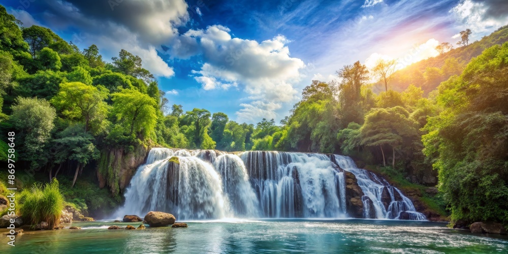 Obraz premium Majestic Waterfall in Lush Forest Landscape