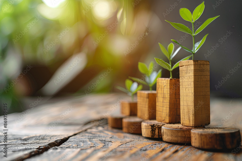 Conceptual image of small plants growing from wooden blocks, symbolizing business growth and environmental sustainability on rustic wooden surface. Conceptual image of small plants growing from wooden blocks, symbolizing business growth and environmental sustainability on rustic wooden surface.