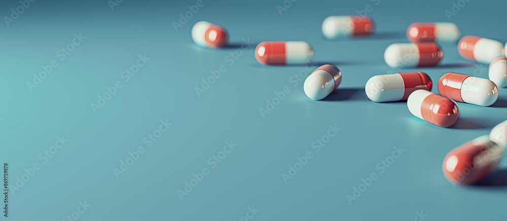 Isolated medicine pills on a blue backdrop create a healthcare concept with a design element. Featuring selective focus, the image includes copy space. Isolated medicine pills on a blue backdrop create a healthcare concept with a design element. Featuring selective focus, the image includes copy space.