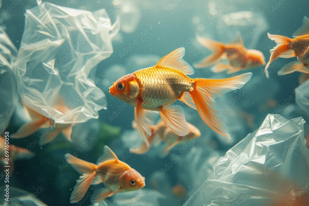 Tropical fish swim in the ocean in plastic bags, water pollution concept Tropical fish swim in the ocean in plastic bags, water pollution concept