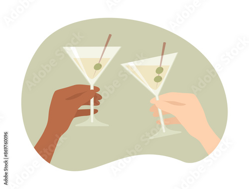 Two female hands clinking glasses of martini with olives on a skewer. Vector illustration in flat style