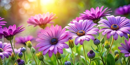 Osteospermum blooms in garden during summer, providing creative banner with copy space. ,Keywords osteospermum, garden, summer, creative, banner