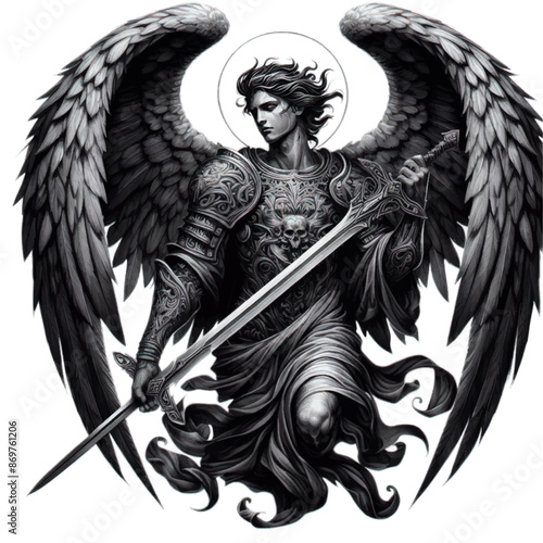an angel with wings and a sword tattoo