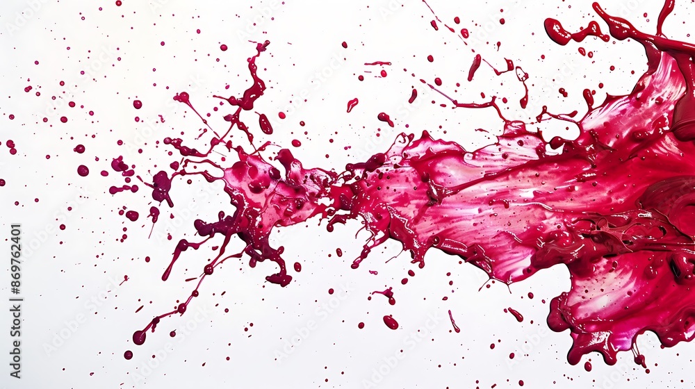 Bold and vibrant ruby paint splatters spreading outwards, creating a dynamic visual effect on a pure white surface. Bold and vibrant ruby paint splatters spreading outwards, creating a dynamic visual effect on a pure white surface.