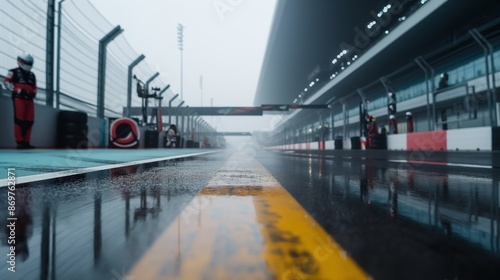 Empty wet racetrack pit lane on a foggy day with reflections on the ground, highlighting the calm before a race or event.
