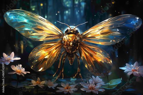 An artistic portrayal of a firefly, its ethereal glow captured against a dark background, evoking the magic and wonder of summer nights.