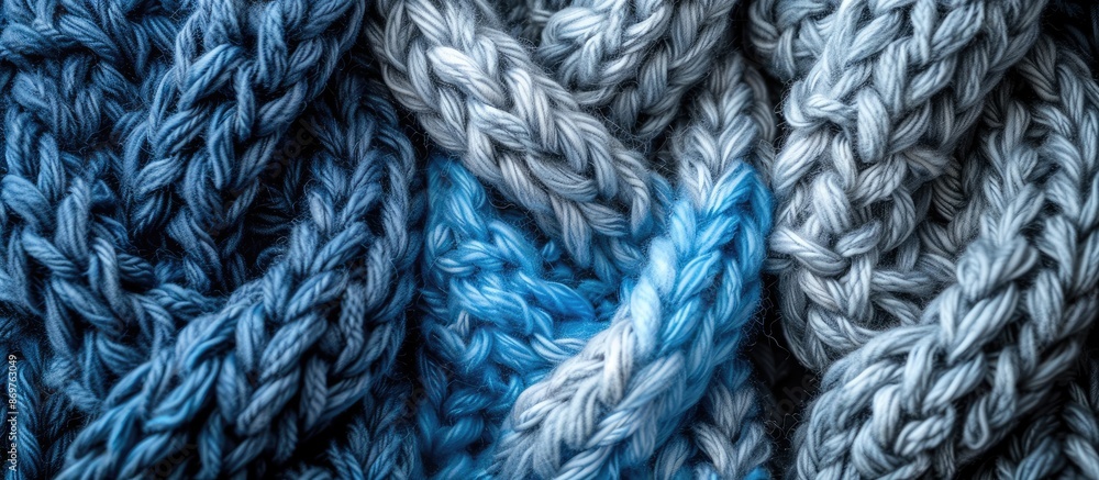Close-up of soft, knitted wool textures in blue and gray, ideal for men's winter fashion. Textile background with space for adding text. Close-up of soft, knitted wool textures in blue and gray, ideal for men's winter fashion. Textile background with space for adding text.