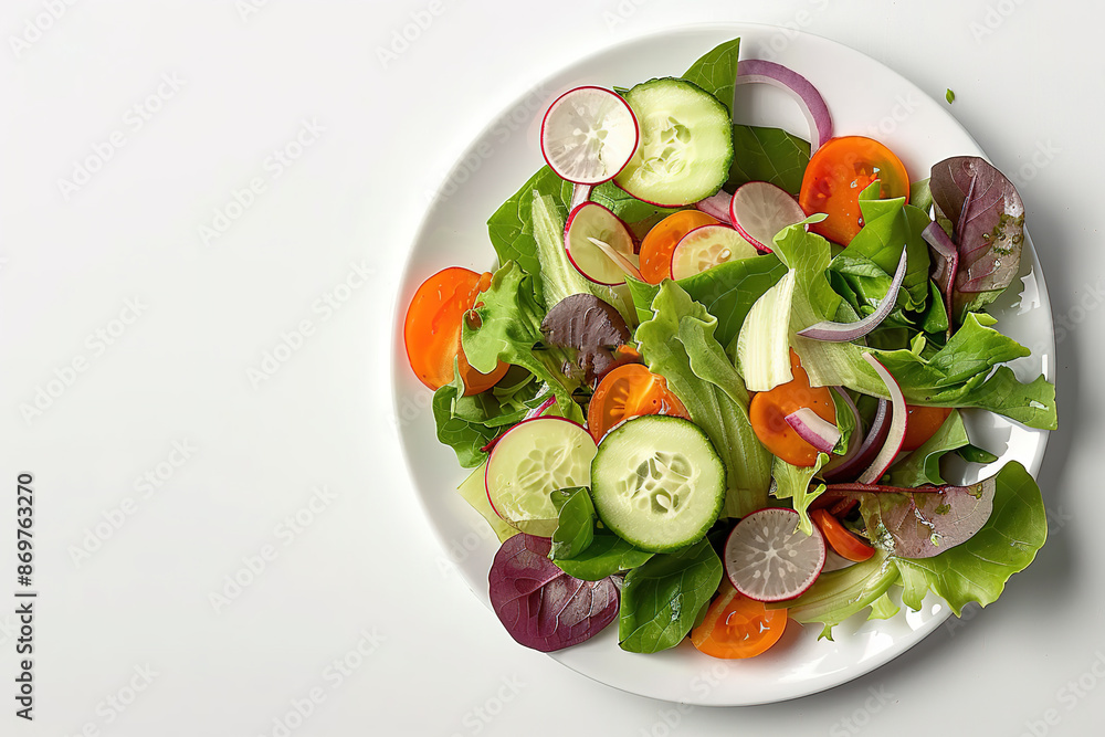 A plate of salad with a variety of vegetables including cucumbers, radishes A plate of salad with a variety of vegetables including cucumbers, radishes