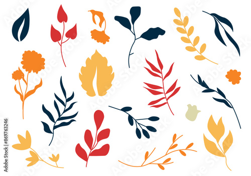 Set of silhouettes abstract flowers in flat cartoon design. Beautifully drawn botanical silhouettes depict various leaves, flowers and branches in vibrant colors. Vector illustration.