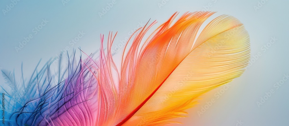 A vibrant close-up top-view photograph of a colorful feather on a clean background, with copy space image. A vibrant close-up top-view photograph of a colorful feather on a clean background, with copy space image.