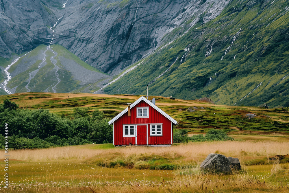 Isolated Red House in Northern European Mountains