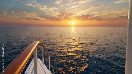 Beautiful scenery of sunset over sea with clouds on background of hills from view from ship deck
 photo