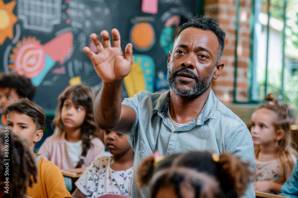 Middle-aged teacher surrounded by students in a diverse school ...