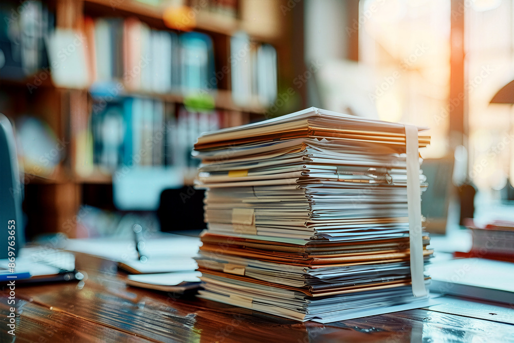 Stack of documents and papers on a wooden desk in an office environment, with blurred background of bookshelves and daylight through windows. Stack of documents and papers on a wooden desk in an office environment, with blurred background of bookshelves and daylight through windows.