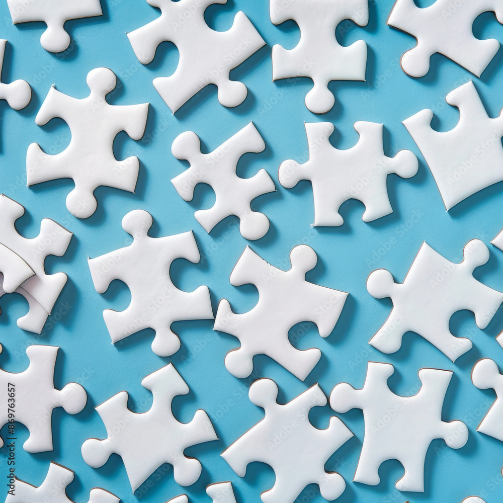 White puzzle pieces arranged on a blue background White puzzle pieces arranged on a blue background