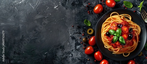 Italian spaghetti pasta topped with tomato sauce, olives, and cherry tomato, viewed from above with copy space image.