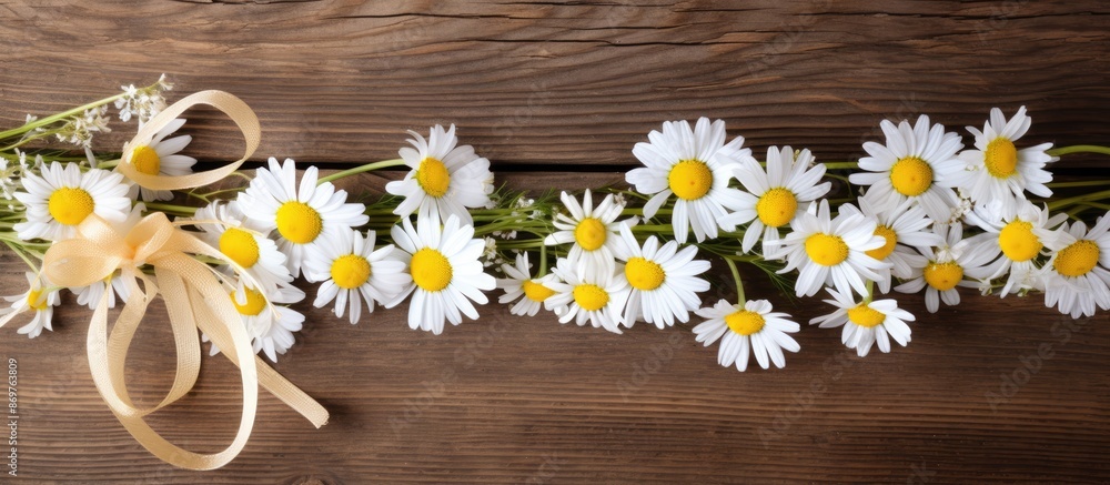 Obraz premium Chamomile flowers and a ribbon on a wooden background provide a charming setting for a copy space image.