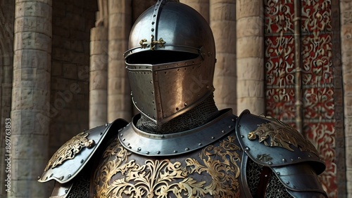 Powerful medieval knight standing with a full suit of armor and holding a sword weapon photo