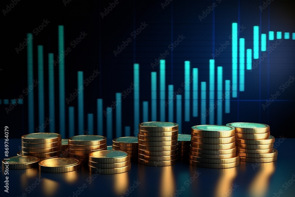 Stacked gold coins with a glowing financial graph in the background, symbolizing investment growth and economic analysis. Stacked gold coins with a glowing financial graph in the background, symbolizing investment growth and economic analysis.