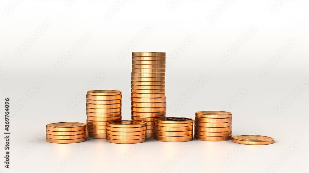 Stacked golden coins on a white background representing financial growth, wealth accumulation, and economic stability concept. Stacked golden coins on a white background representing financial growth, wealth accumulation, and economic stability concept.