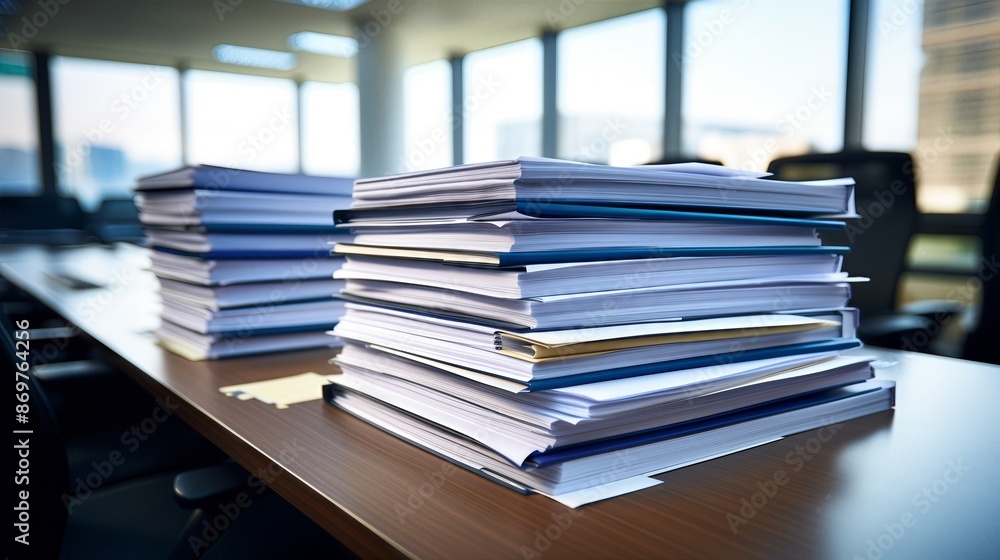 Stacks of documents and files on an office desk in a bright, modern workspace, illustrating workplace organization and productivity. Stacks of documents and files on an office desk in a bright, modern workspace, illustrating workplace organization and productivity.