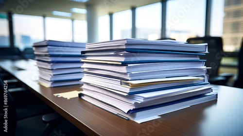 Stacks of documents and files on an office desk in a bright, modern workspace, illustrating workplace organization and productivity. © GenBy