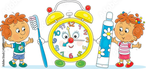 Happy little kids and a funny colorful alarm clock character with a toothbrush and toothpaste for teeth cleaning, vector cartoon illustration isolated on a white background