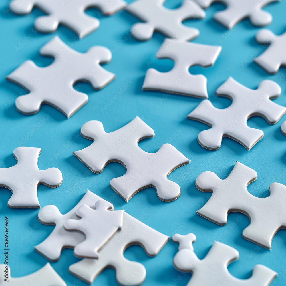 White puzzle pieces arranged on a blue background White puzzle pieces arranged on a blue background