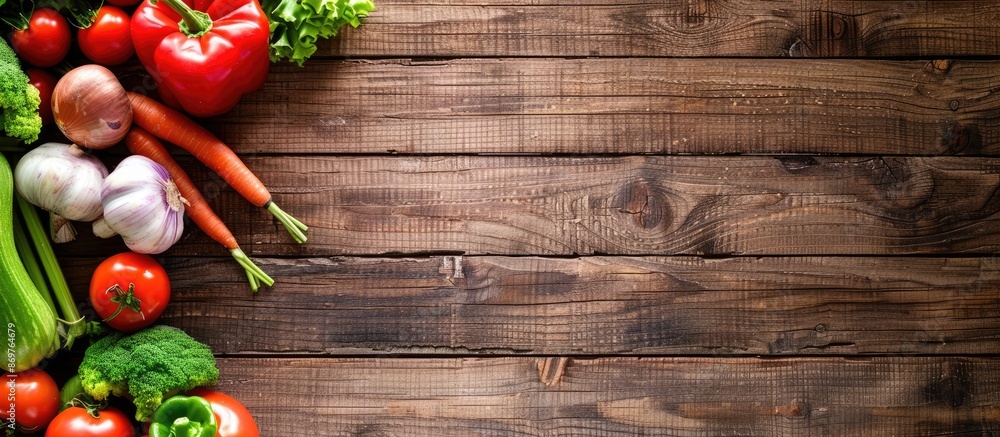 Fresh vegetables displayed on a wooden surface with ample copy space image. Fresh vegetables displayed on a wooden surface with ample copy space image.