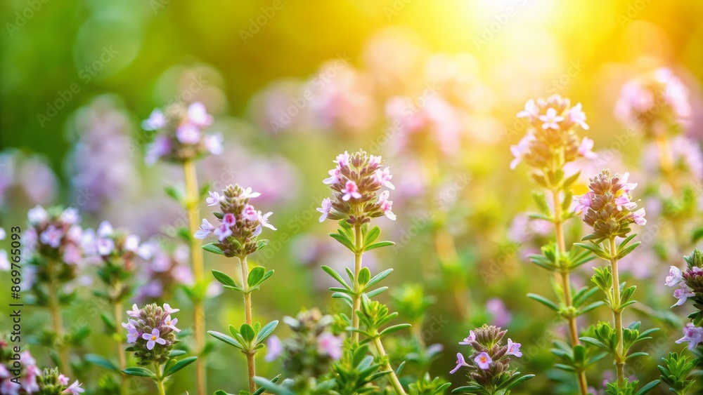 Sunlight Shining Through Thyme Flowers in a Garden Sunlight Shining Through Thyme Flowers in a Garden